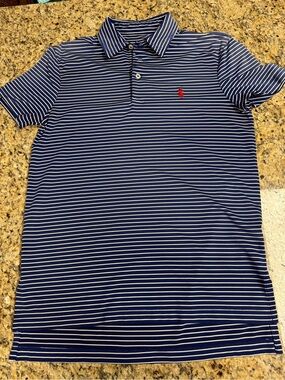 Ralph Lauren Golf Navy & White Striped Polo with Red Logo